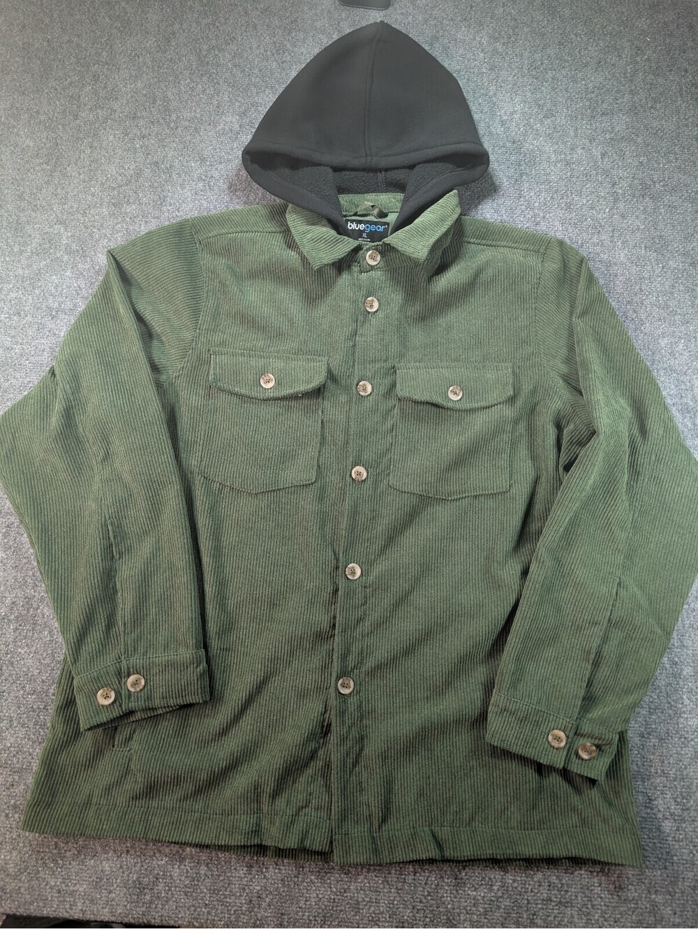 Bluegear Mens XL Green Corduroy Shacket Shirt Jacket Button Up Hooded Fall